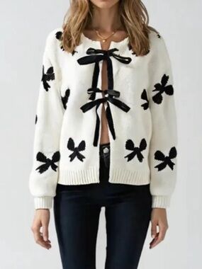 Cream Bow-Print Knit Cardigan with Black Ties